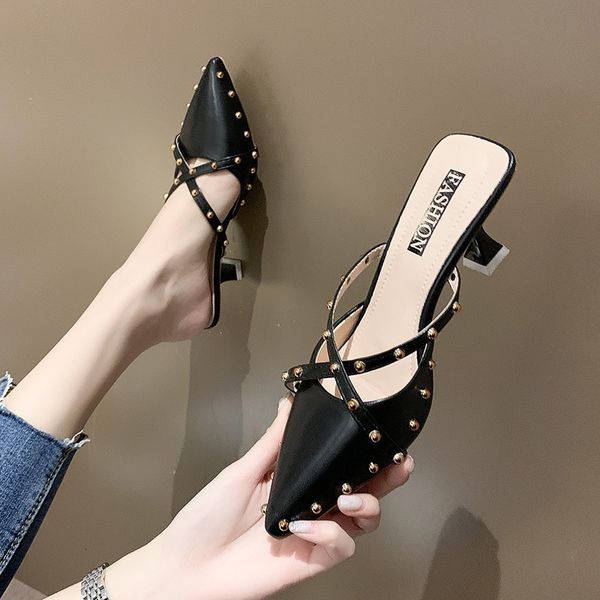 luxury dress shoes sho 2021 spring rivet pointed french girls' high heels thin heel half slippers for women to wear out in summer, Black
luxury dress shoes sho 2021 spring rivet pointed french girls' high heels thin heel half slippers for women to wear out in summer, Black