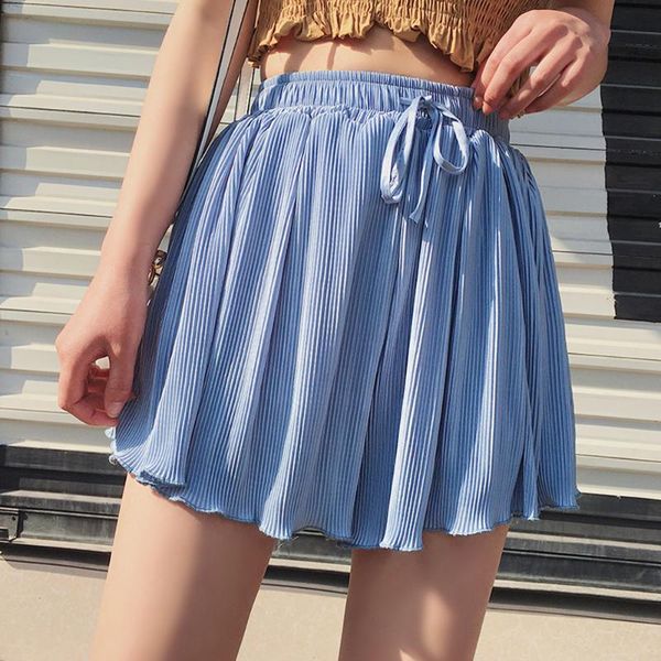 women's shorts summer lace-up loose female casual high waist blue wide leg tie wrinkled pleated thin elegant korean polyester scanties, White;black
women's shorts summer lace-up loose female casual high waist blue wide leg tie wrinkled pleated thin elegant korean polyester scanties, White;black