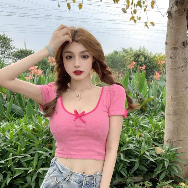 women's t-shirt summer skinny high-waist bow short short-sleeved women, White
women's t-shirt summer skinny high-waist bow short short-sleeved women, White