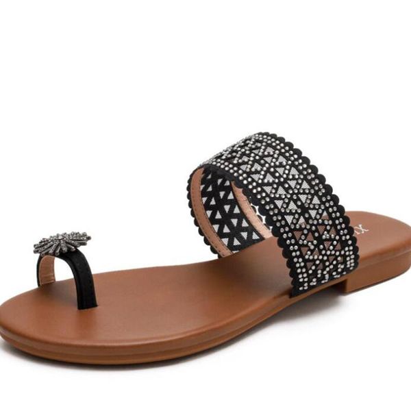 

fashion rhinestone women slippers summer flat casual female open toe outdoor beach shoes bohemian roman sandals qq119, Black