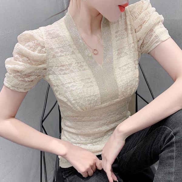 women's t-shirt 2021 fashion v-neck lace europe puff sleeve rhinestones lady blusas, White
women's t-shirt 2021 fashion v-neck lace europe puff sleeve rhinestones lady blusas, White