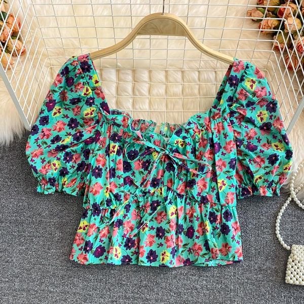 women's polos 2021 summer style foreign wild thin square collar floral shirt waist folds puff sleeve casual jacket women, White
women's polos 2021 summer style foreign wild thin square collar floral shirt waist folds puff sleeve casual jacket women, White