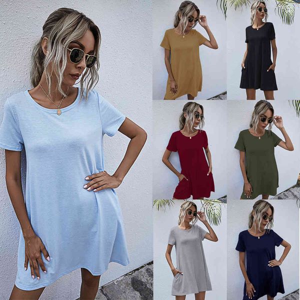 dress loose casual girl solid color the-neck short mini summer female dersses with wl296 pockets, Black;gray
dress loose casual girl solid color the-neck short mini summer female dersses with wl296 pockets, Black;gray