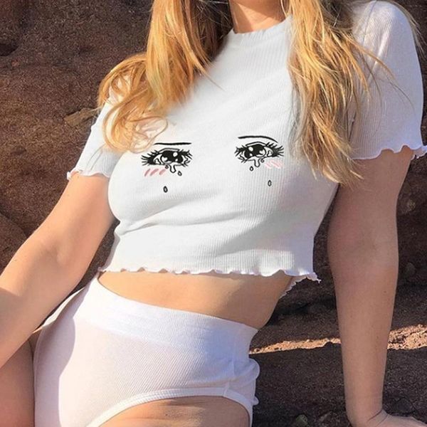 women's t-shirt eye printed shirt for women summer crop slim and tees casual short sleeve o neck, White
women's t-shirt eye printed shirt for women summer crop slim and tees casual short sleeve o neck, White