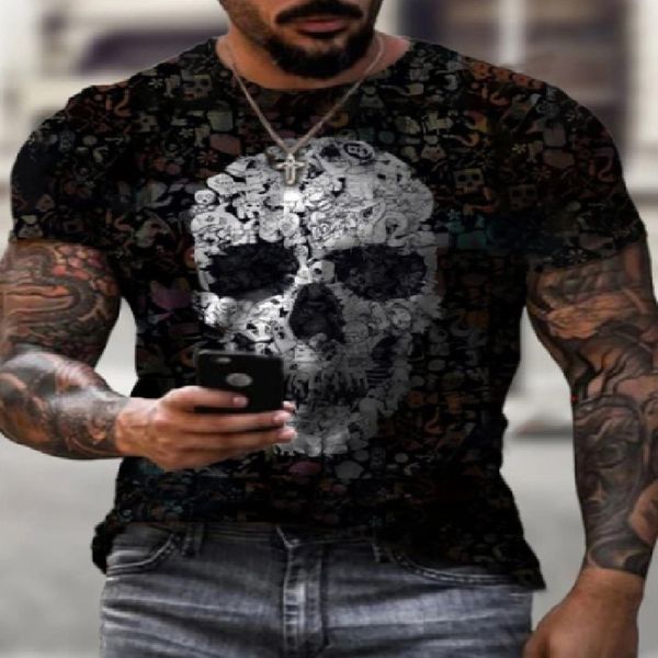 men's hell skull art print 3d short-sleeved t-shirt spring and summer men's loose round neck, White;black 
men's hell skull art print 3d short-sleeved t-shirt spring and summer men's loose round neck, White;black
