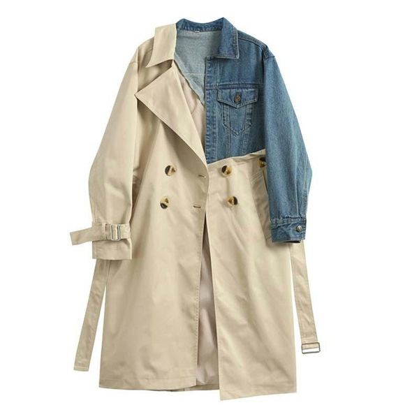 women's trench coats 2021 spring summer lapel long sleeve khaki hit color denim stitcing loose sashes windbreaker women fashion tide, Tan;black
women's trench coats 2021 spring summer lapel long sleeve khaki hit color denim stitcing loose sashes windbreaker women fashion tide, Tan;black
