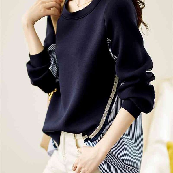 striped stitched shirt sweater women's 2021 autumn winter new casual aging back single breasted fashion versatile top, Black 
striped stitched shirt sweater women's 2021 autumn winter new casual aging back single breasted fashion versatile top, Black