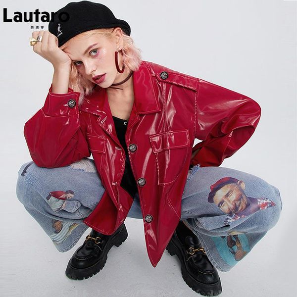 women's leather & faux lautaro autumn shiny reflective patent jacket women long sleeve pockets buttons y2k clothes street style fashion, Black
women's leather & faux lautaro autumn shiny reflective patent jacket women long sleeve pockets buttons y2k clothes street style fashion, Black