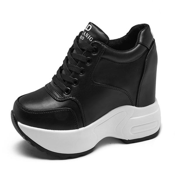 boots women's ankle 2021 autumn leather chunky shoes woman platform height increased sneakers 10cm thick sole wedges white, Black