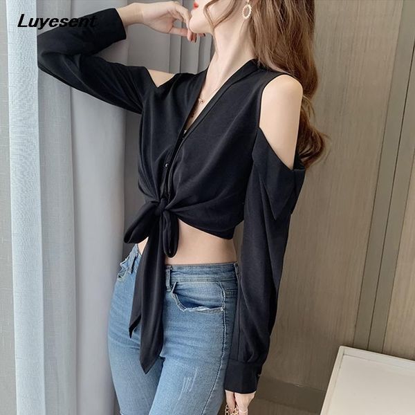 women's blouses & shirts black short-length lady shirt off shoulder hollow out gothic elegant lace-up v neck button korean fashion hara, White
women's blouses & shirts black short-length lady shirt off shoulder hollow out gothic elegant lace-up v neck button korean fashion hara, White