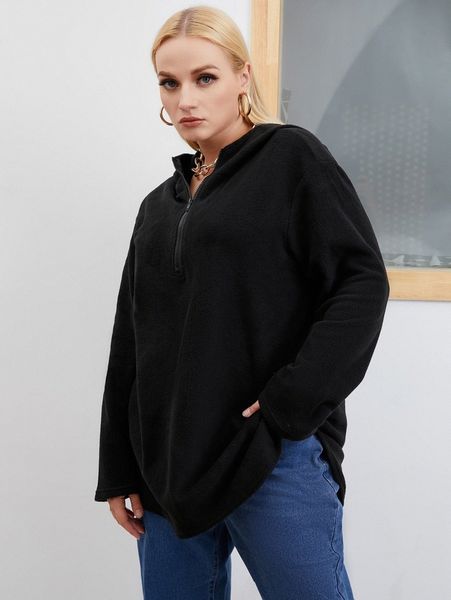 plus half zip fleece hoodie o8ee#, Black