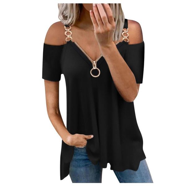 women's t-shirt women zipper v neck solid printed t shirt off shoulder hollow casual short sleeve black style fitting, White
women's t-shirt women zipper v neck solid printed t shirt off shoulder hollow casual short sleeve black style fitting, White