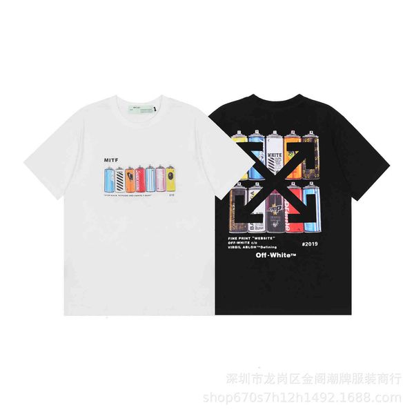 t shirt 2021 tide brand off arrow warning line paint spray bottle printing round ne t-shirt men and women lovers short sleeve, White;black