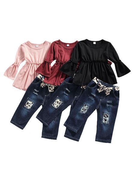 clothing sets 3pcs little girls outfit, solid color flare long sleeve round collar + leopard print splicing denim pants belt, White
clothing sets 3pcs little girls outfit, solid color flare long sleeve round collar + leopard print splicing denim pants belt, White
