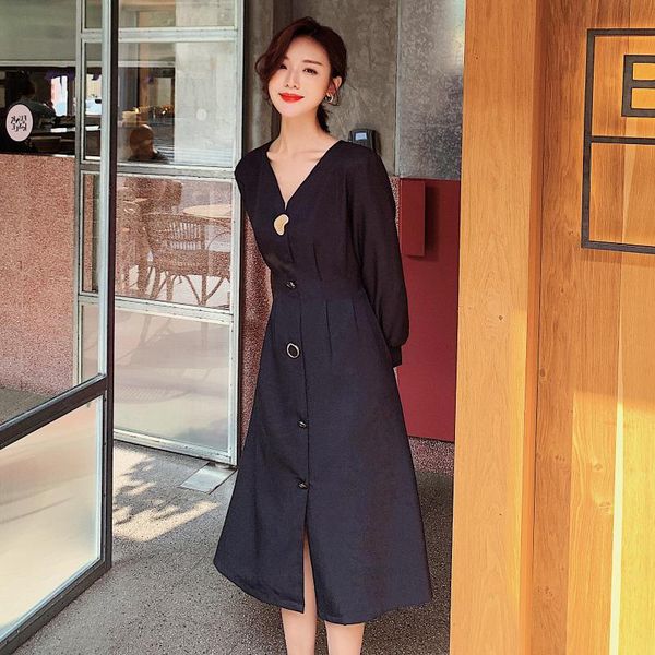spring dress women's v-neck waist elegant retro black long sleeve solid shirt knee length casual dresses, Black;gray
spring dress women's v-neck waist elegant retro black long sleeve solid shirt knee length casual dresses, Black;gray