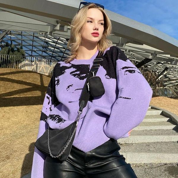women's sweaters purple sweater femme face print autumn pullovers harajuku oversized knitwear aesthetic fashion pattern, White;black
women's sweaters purple sweater femme face print autumn pullovers harajuku oversized knitwear aesthetic fashion pattern, White;black