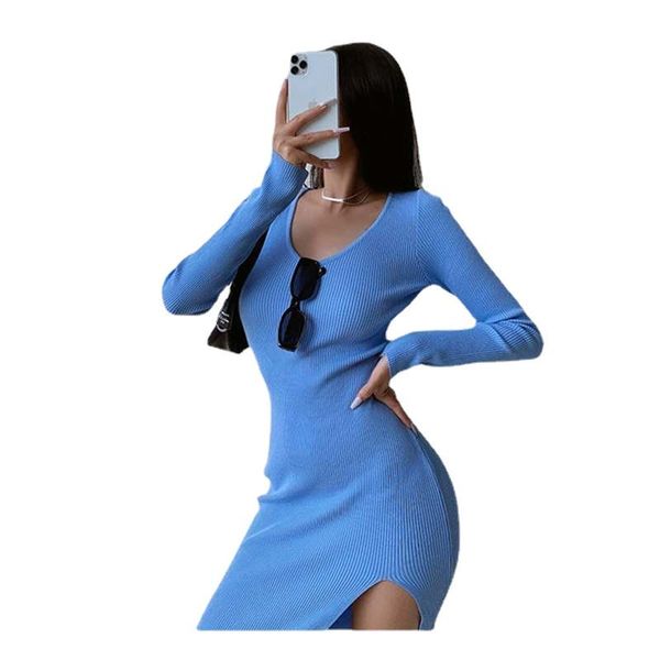 casual dresses 2021 knitted dress female autumn and winter v-neck long-sleeved stretch tight-fitting hip with slits ins, Black;gray 
casual dresses 2021 knitted dress female autumn and winter v-neck long-sleeved stretch tight-fitting hip with slits ins, Black;gray