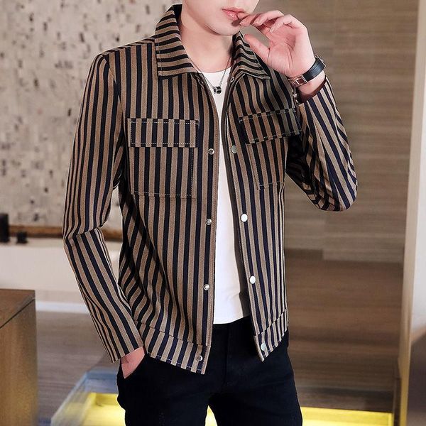 striped jacket men's spring and autumn thin youth cool handsome overalls korean style trendy casual jackets, Black;brown 
striped jacket men's spring and autumn thin youth cool handsome overalls korean style trendy casual jackets, Black;brown