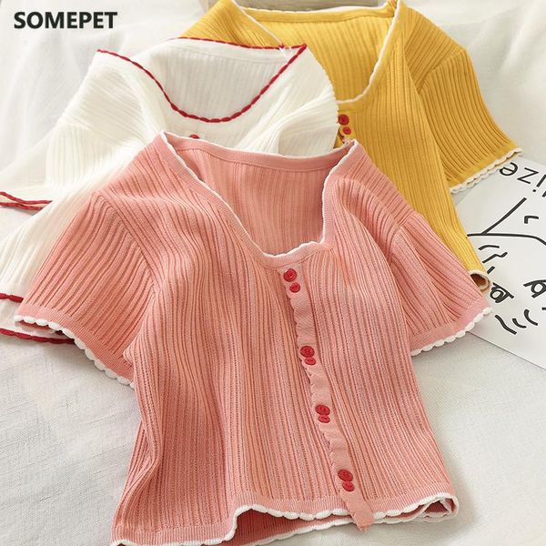 women's t-shirt summer pink t-shirts women v-neck short sleeve buttoned up flounce hem t casual streetwear knitted tees for, White
women's t-shirt summer pink t-shirts women v-neck short sleeve buttoned up flounce hem t casual streetwear knitted tees for, White