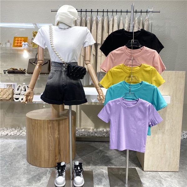 women's t-shirt 2021 the basic candy color crop midriff pure short jacket female girl to wear a slim round neck sleeve t - shirt, White
women's t-shirt 2021 the basic candy color crop midriff pure short jacket female girl to wear a slim round neck sleeve t - shirt, White