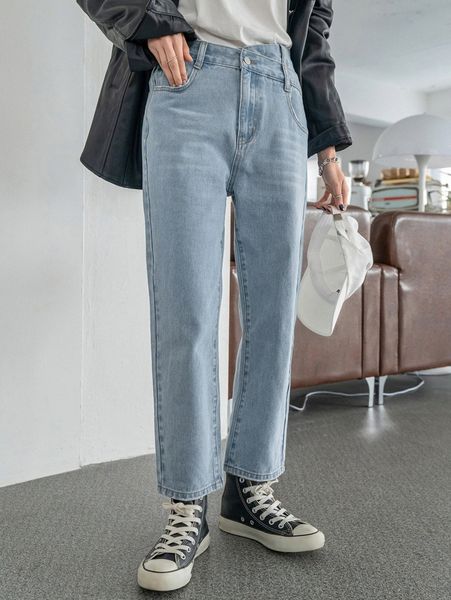 dazy asymmetrical waist light wash mom jeans t3mg#, Blue 
dazy asymmetrical waist light wash mom jeans t3mg#, Blue