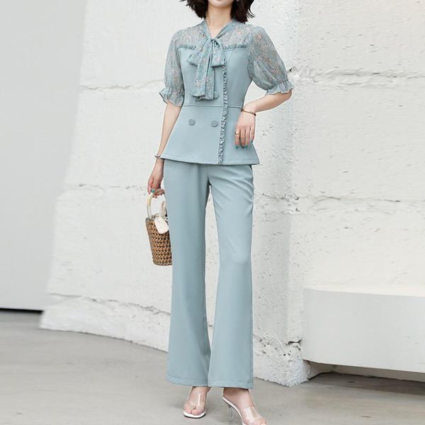 women summer spliced chiffon print short sleeve shirt flare pants suit 2 piece set office casual lady women's two, White
women summer spliced chiffon print short sleeve shirt flare pants suit 2 piece set office casual lady women's two, White