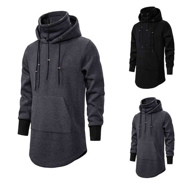 men's outer sweater medium long hooded loose coat xh12, Black