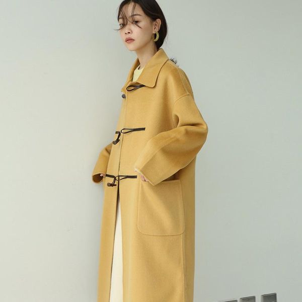 women's wool & blends winter women single row horn buckle long woolen coats korean maiden yellow sleeve turndown collar loose jacket ov, Black
women's wool & blends winter women single row horn buckle long woolen coats korean maiden yellow sleeve turndown collar loose jacket ov, Black