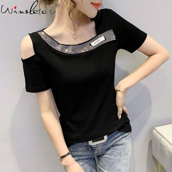 women's t-shirt summer korean clothes cotton fashion skew collar off shoulder shiny diamonds women short sleeve tees 2021 t15405a, White
women's t-shirt summer korean clothes cotton fashion skew collar off shoulder shiny diamonds women short sleeve tees 2021 t15405a, White