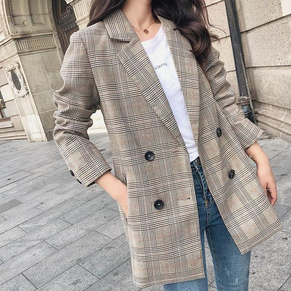 vintage plaid suit coat women double breasted blazer outwear fashion notched collar work autumn elegant office lady blazers, White;black
vintage plaid suit coat women double breasted blazer outwear fashion notched collar work autumn elegant office lady blazers, White;black