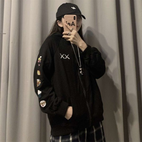 style autumn thin coat chic net cartoon zipper hoodie fashion loose version, Black;brown
style autumn thin coat chic net cartoon zipper hoodie fashion loose version, Black;brown