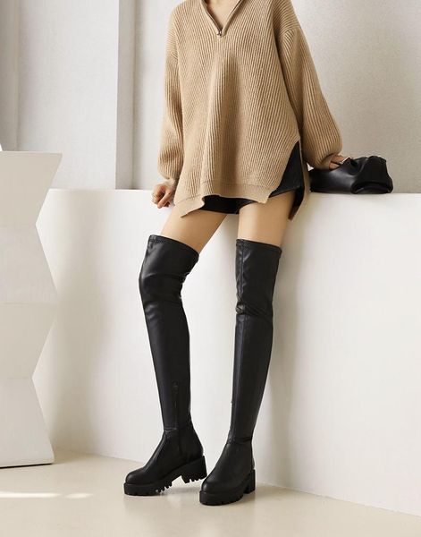 boots round toe mid-heel over-the-knee elastic large size non-slip sole pu/flock material autumn women's platform shoes, Black
boots round toe mid-heel over-the-knee elastic large size non-slip sole pu/flock material autumn women's platform shoes, Black