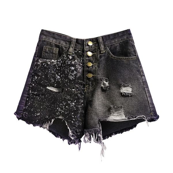 women's shorts sequins women denim stitching hole mahogany washed female 2021 spring bottom, White;black
women's shorts sequins women denim stitching hole mahogany washed female 2021 spring bottom, White;black