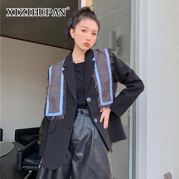 women's suits & blazers xizihupan temperament patchwork plaid female blazer notched long sleeve straight fashion autumn coat 2021 cloth, White;black 
women's suits & blazers xizihupan temperament patchwork plaid female blazer notched long sleeve straight fashion autumn coat 2021 cloth, White;black