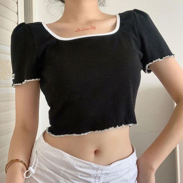 women's t-shirt women t-shirts short sleeve crop scoop neck lettuce trim color block rib knit casual clothes summer female, White
women's t-shirt women t-shirts short sleeve crop scoop neck lettuce trim color block rib knit casual clothes summer female, White