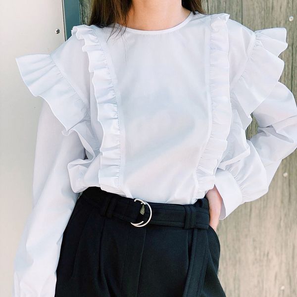 spring new white court style ruffled o neck full pullover shirt solid simple women 210421
spring new white court style ruffled o neck full pullover shirt solid simple women 210421
