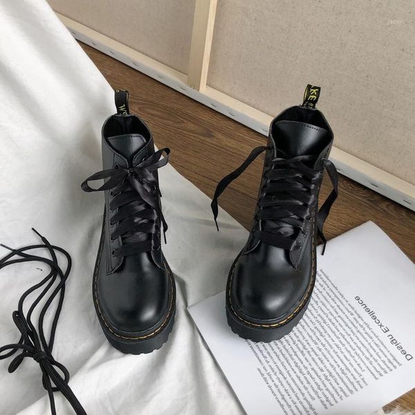 women 2021 autumn style big head round british motorcycle lace up short boots1, Black