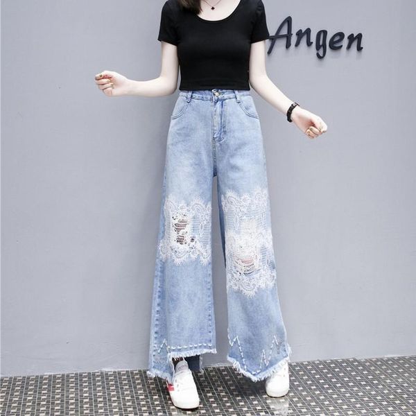 women's jeans fashion women washed lace flower female high waist denim loose wide leg pants irregular tassels hole ripped trousers, Blue
