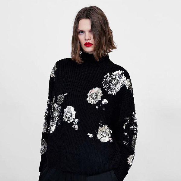 women's sweaters beading sequined loose knitted sweater floral pattern turtleneck long sleeve stretchy pullovers female retro, White;black
women's sweaters beading sequined loose knitted sweater floral pattern turtleneck long sleeve stretchy pullovers female retro, White;black