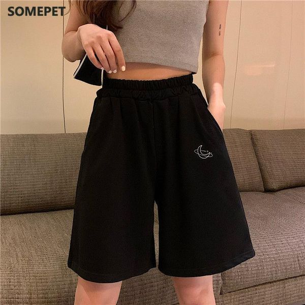 women's shorts elastic waist casual beach party korean version clothing size high moon embroidery movement women summer, White;black
women's shorts elastic waist casual beach party korean version clothing size high moon embroidery movement women summer, White;black