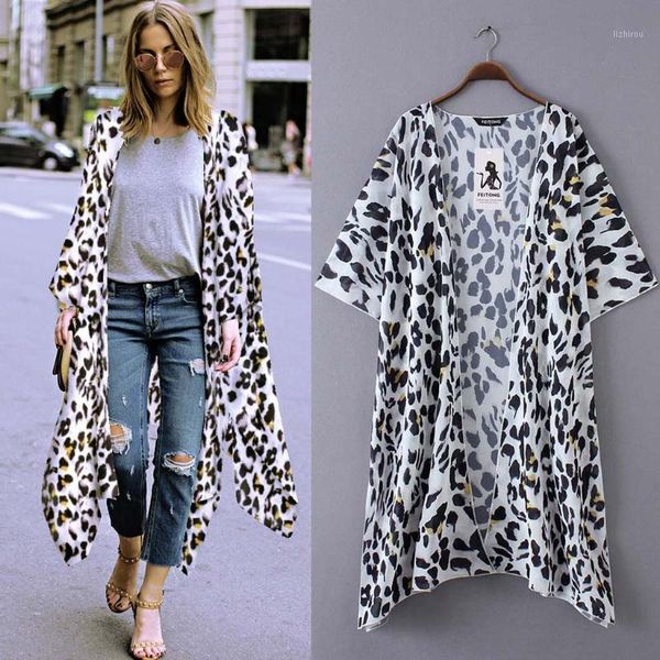 women leopard print chiffon kimono long cardigan blouse shawl loose outwear bikini cover up wrap beachwear#4 women's swimwear, White;black
women leopard print chiffon kimono long cardigan blouse shawl loose outwear bikini cover up wrap beachwear#4 women's swimwear, White;black