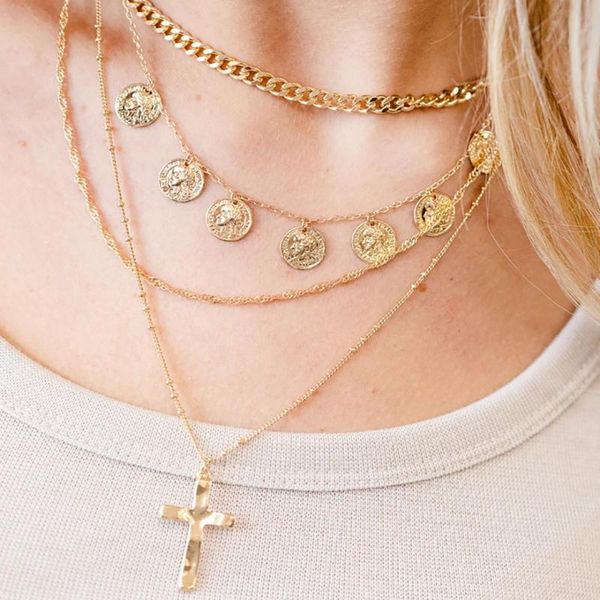 fashion naturally curved cross pendant chain necklaces for women multilevel gold human head coin female necklace jewelry, Silver
fashion naturally curved cross pendant chain necklaces for women multilevel gold human head coin female necklace jewelry, Silver