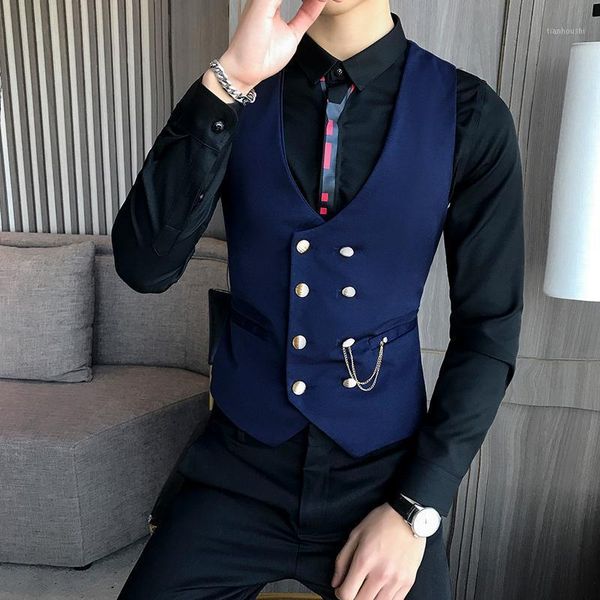 men's vests blue vest men wedding suit double-breasted fashion classic wait coat for business casual barber work male, Black;white
men's vests blue vest men wedding suit double-breasted fashion classic wait coat for business casual barber work male, Black;white