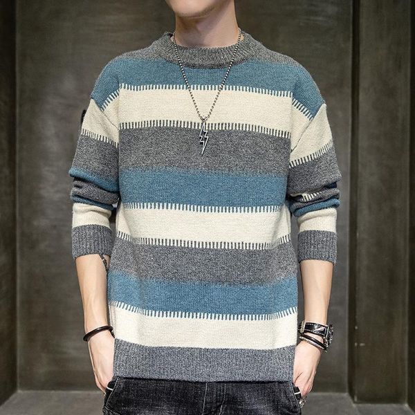 men autumn long sleeve pullover knitted sweater round neck striped men's contrast color casual winter sweaters, White;black
men autumn long sleeve pullover knitted sweater round neck striped men's contrast color casual winter sweaters, White;black