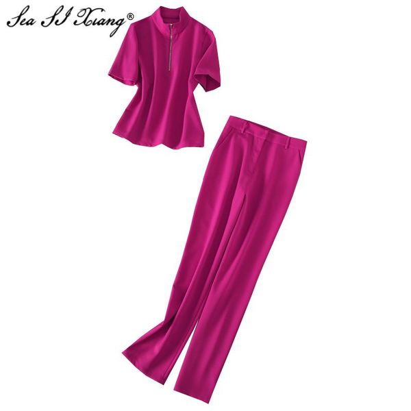 seasixing fashion designer summer set women stand collar short sleeve t-shirt + pencil pants solid two-piece suit 2021 women's two piec, White 
seasixing fashion designer summer set women stand collar short sleeve t-shirt + pencil pants solid two-piece suit 2021 women's two piec, White