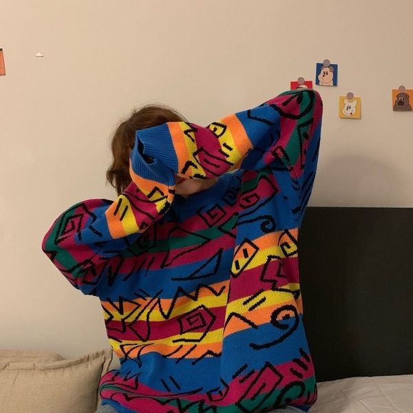 women's sweaters loose pull femme graffiti lover rainbow striped knit women sweater o neck long sleeve patch pulllover chic retro, White;black
women's sweaters loose pull femme graffiti lover rainbow striped knit women sweater o neck long sleeve patch pulllover chic retro, White;black