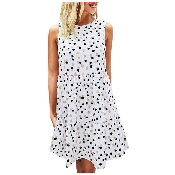 women summer dot prints sleeveless a line loose swing t shirt dress with pockets casual 2021, White
women summer dot prints sleeveless a line loose swing t shirt dress with pockets casual 2021, White