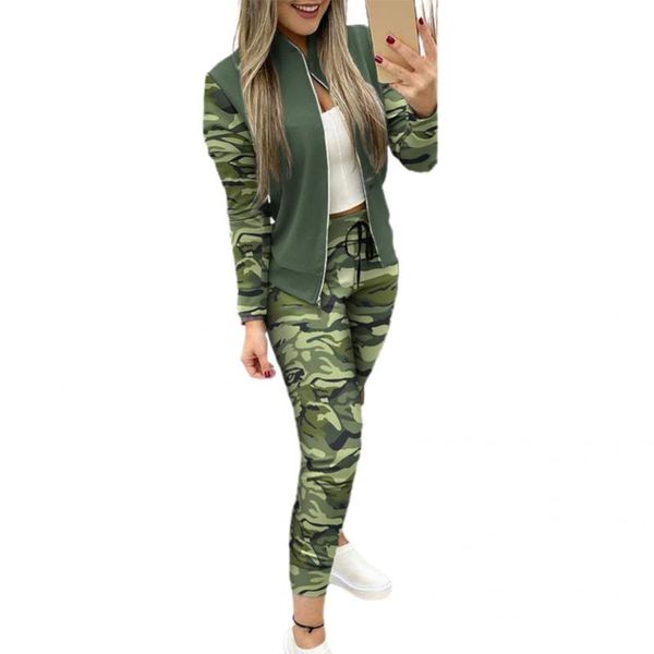 women's two piece pants charming camouflage stitching stand collar sporty outfit windproof elastic waist, White
women's two piece pants charming camouflage stitching stand collar sporty outfit windproof elastic waist, White
