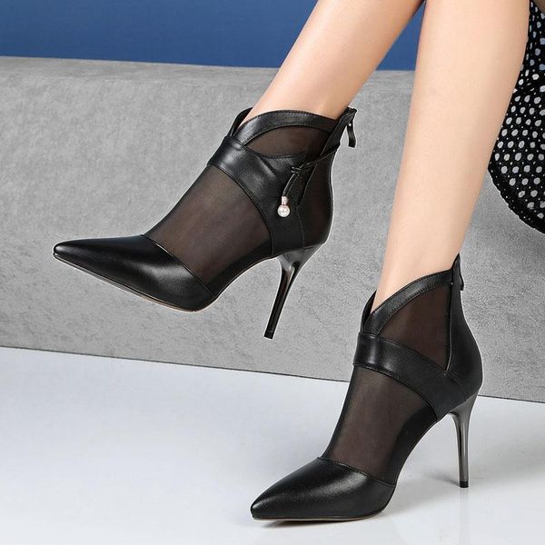 leather women's shoes in spring 2021 black white transparent gauze pointy stiletto boots
leather women's shoes in spring 2021 black white transparent gauze pointy stiletto boots