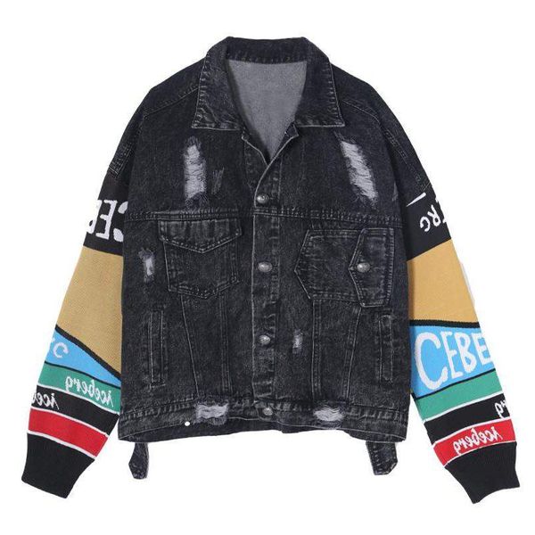women's jackets perhaps u women black denim patchwork knitted letter long sleeve loose punk jacket button pocket turn down collar hole, Black;brown
women's jackets perhaps u women black denim patchwork knitted letter long sleeve loose punk jacket button pocket turn down collar hole, Black;brown